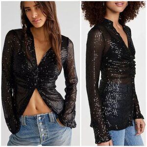 FREE PEOPLE Sequin Shirtee Button Up Blouse Top Ruched Sheer Black Women's Large